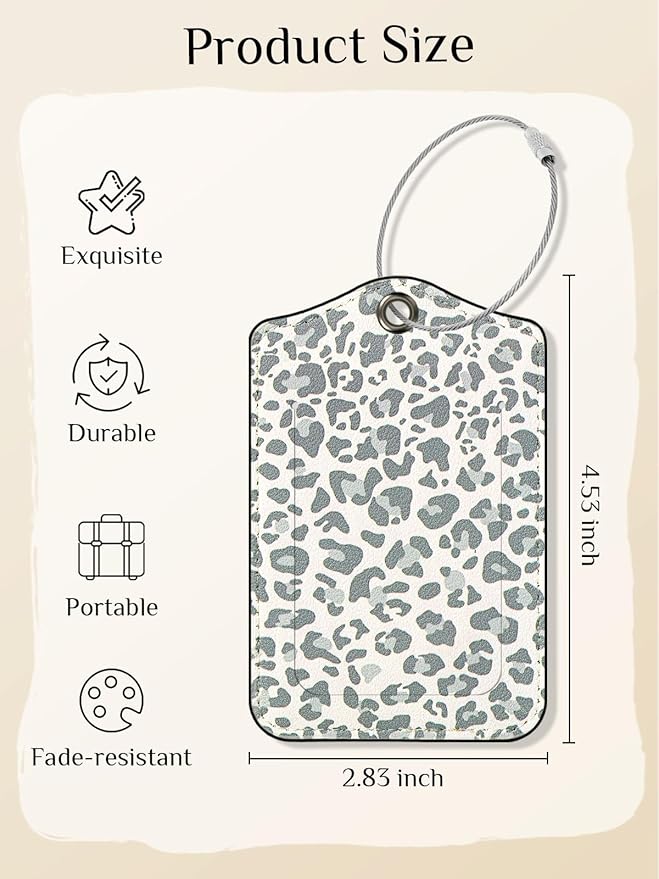 Seorsok 2 PCS Luggage Travel Tags for Suitcases,Cute White Leopard PU Leather Name Tag with Privacy Cover&ID Label Address Card and Durable Metal Ring Suitable for Men Women Handbags Backpack