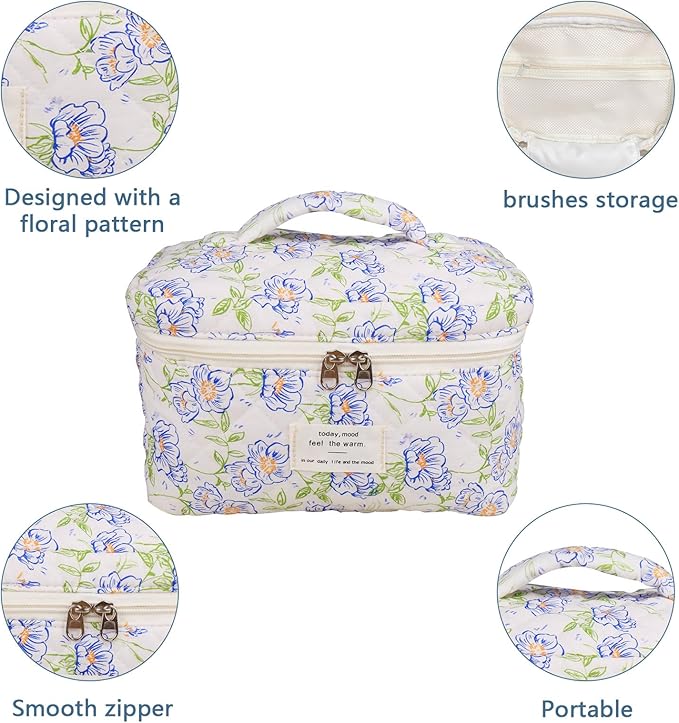 Large Makeup Bag, Cute Cosmetic Bag for Women Girls, Floral Coquette Aesthetic Toiletry Bag, Travel Make Up Organizer Bag (light blue)