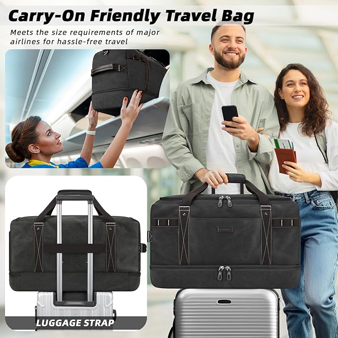 ZOMFELT Travel Duffle Bag for Men, 55L Waterproof Canvas Overnight Duffel Bag with Removable Dividers & Shoe Compartment, Carry On Weekender Gym bag, Multi-Pocket & Vintage Design (Washed Black)