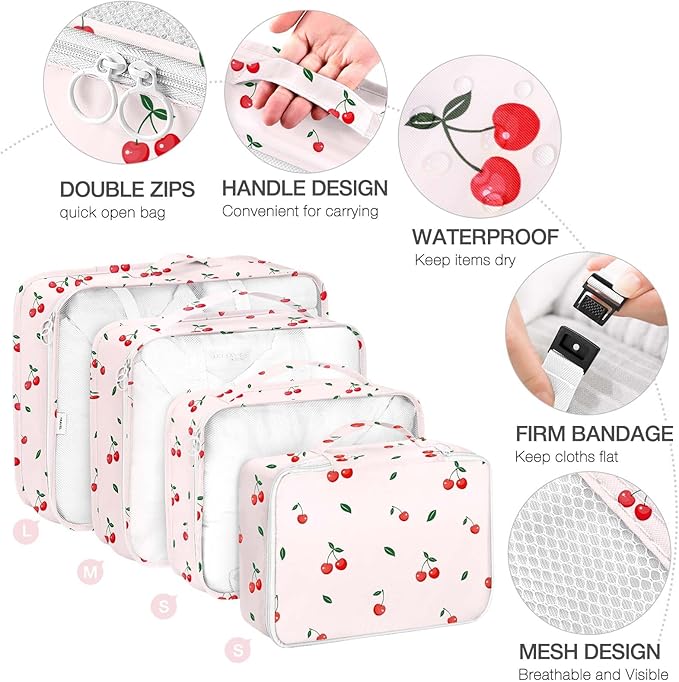 8 Set Packing Cubes for Suitcases,Packing Cube with Shoe, Cosmetics, Clothing, and Accessories Bags Packing Cubes for Travel Luggage Organizer Women Men(Cherry)