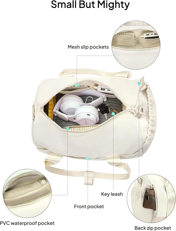 TOPEAST Small Gym Bag for Women with Yoga Mat Holder, Small Sports Duffle Bag Mini Gym Tote Bag with Water Bottle Pocket & Coin Purse for Weekender Travel Dance Workout, Beige