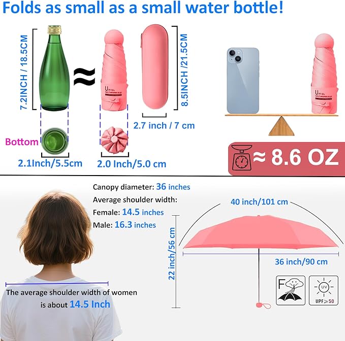 BAODINI Travel Essentials Mini Umbrella for Purse With Case Small Compact UV Sun Protection Lightweight Tiny Pocket Manual Open Close Umbrella for Women Kids and Men Fits Purse Backpack