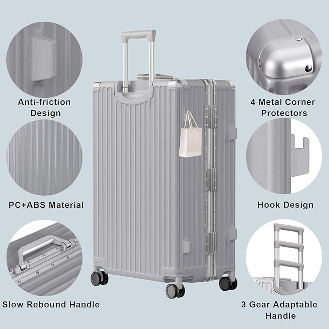 AnyZip Luggage PC+ABS Aluminum Frame Zipperless Checked Luggage Hard Shell Suitcase with TSA Lock Double Spinner Wheels 24 Inch Silver