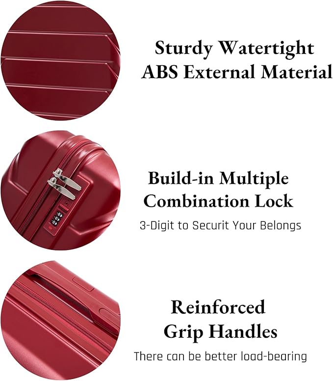 2-Piece ABS Hard Shell Lightweight Carry-On Luggage Set (14" & 20"), 360-Degree Spinner Wheels, Adjustable Telescopic Handle and Combination Lock for Travel, Wine Red