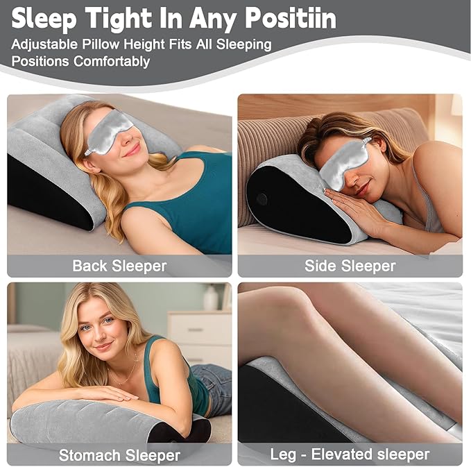 TheClover Inflatable Wedge Pillow for Sleeping - Leg Elevating Pillow with Sleep Mask, Bed Wedge Pillow for Camping, Grey