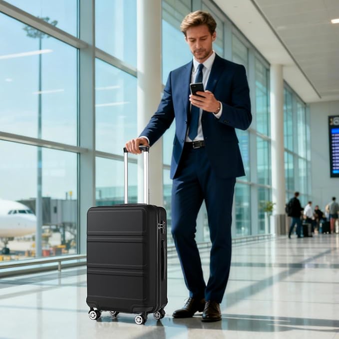 Kono 24 Inch Luggage Suitcase with Spinner Wheels TSA Lock Lightweight PC+ABS Hardside Medium Checked Luggage Durable Rolling Suitcase Black