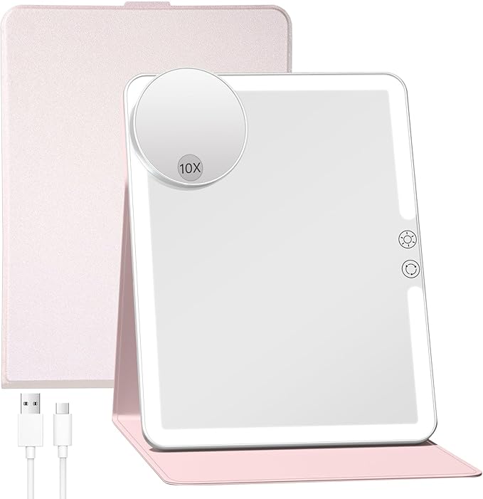 FUNTOUCH 2500mAh Large Rechargeable Travel Makeup Mirror with Lights, Portable Makeup Mirror with 10X Magnifying Mirror 3 Lighting Modes, Tabletop Folding Travel Mirror with PU Leather Cover (Pink)