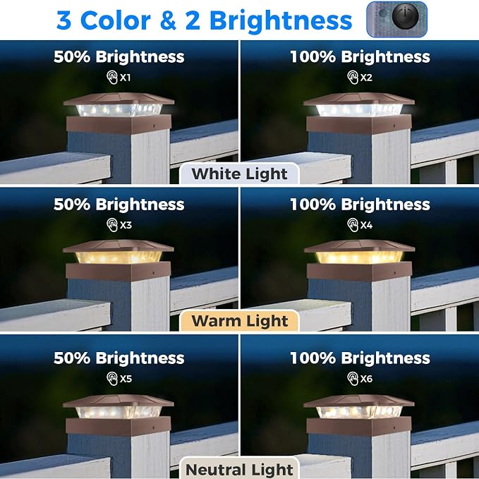 12 Packs 4x4 Brown Solar Post Cap Lights with 3 Lighting Modes | Fence Caps Light Fits 4×4/3.5×3.5 Wood/Vinyl Posts, Waterproof Outdoor Post Top Lighting for Deck Mailbox Porch Railing