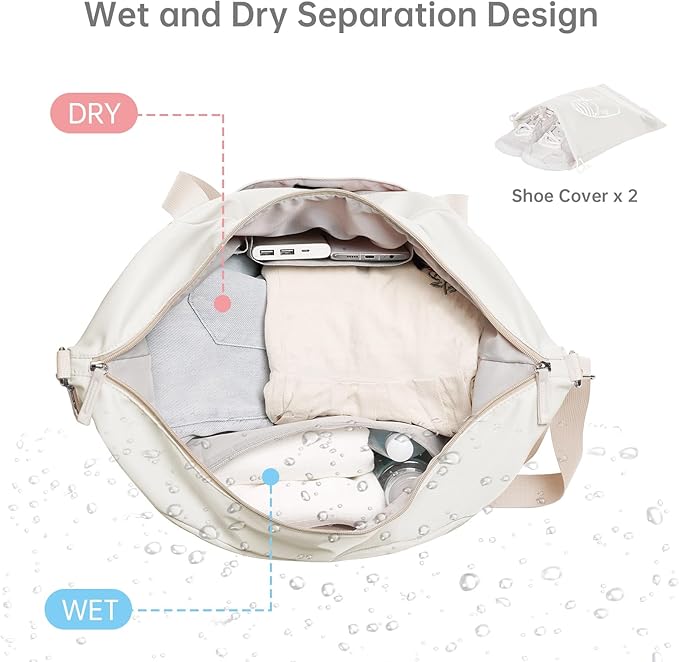 Gym Bag for Women, Sports Travel Duffel Bag with USB Charging Port, Weekender Overnight Bag with Wet Pocket and Shoes Compartment for Women, Travel, Gym, Yoga (Khaki) Medium