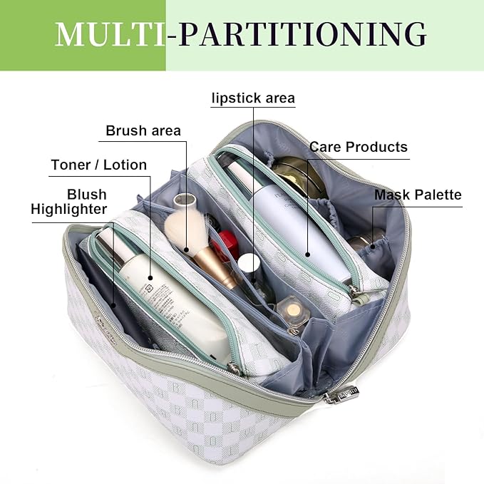 BOYATU Travel Makeup Bag Organizer Cosmetic Bag: 3 Pcs Set Make up Bags for Women with Handle - Waterproof Vegan Leather Toiletry Bags Travel Essentials Pouch with Compartments (H-06-Green)