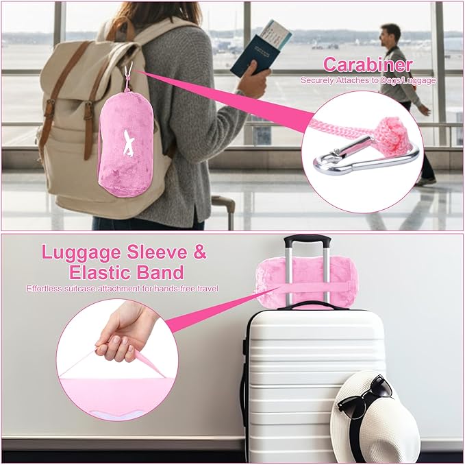 Peryiter 6 Sets Bulk Travel Blanket Pillows for Long Flight Sleeping 50 x 60 Inches Soft Flannel Packable Airplane Flight Blanket 2 in 1 Combo Warm Traveling Plane Essentials(Pink)