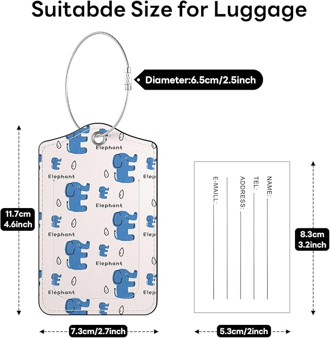 2 Pack PU Leather Luggage Tags for Suitcases, Privacy Protection Cover with Stainless Steel Loop and Address Card, Travel Cruise Essentials (Blue Elephant)