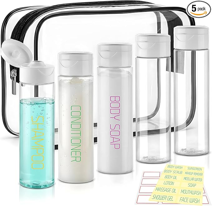 Cosywell Travel Bottles for Toiletries 5 Pack 3.4oz Pre-Printed Travel Size Containers TSA Approved Toiletry Bottles Wide Mouth Leak Proof Squeeze Bottle for Lotion Toothpaste(Clear)