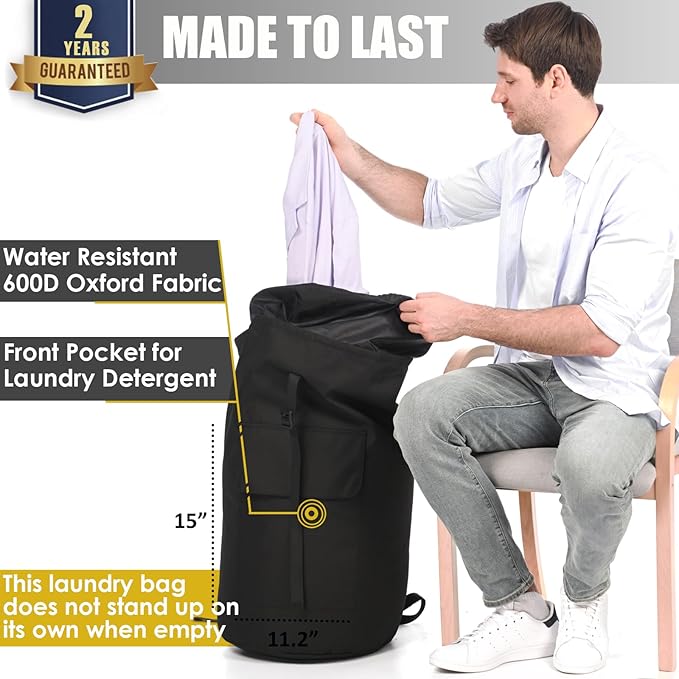Backpack Laundry Bag, 115L Heavy Duty Extra Large College Laundry Backpack, Dirty Clothes Bag with Shoulder Straps, Laundry Hamper Bag with Drawstring Closure for College Dorm, Apartment Black