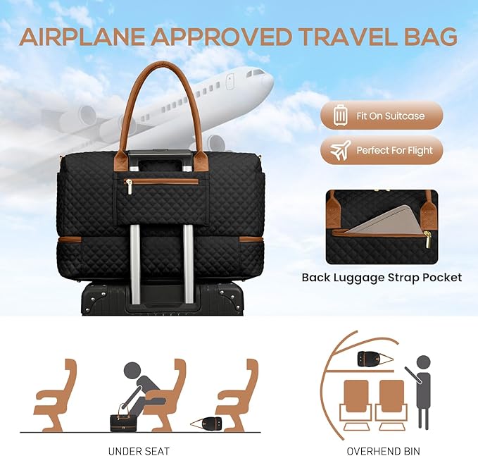 Travel Bag Weekender Bags for Women - Carry on Overnight Bag with Shoe Compartment Duffle Bag with Laptop Pocket Hospital Bag for Labor Delivery Gym Tote Bag with Toiletry Bag Black Brown