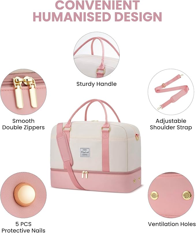 Weekender Travel Duffle Bag for Women: Overnight Bags with Shoe Compartment Carry on Bags for Airplanes with Toiletry Bag Yoga Gym Bag with Wet Pocket Travel Duffel Tote Bag Hospital Bag Pink Beige