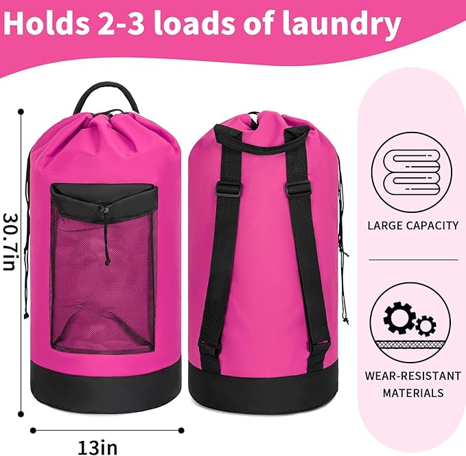 Laundry Bag Backpack with Shoulder Straps and Mesh Pocket Foldable Clothes Hamper Bag with Drawstring Closure for College, Apartment, Laundromat (Hot Pink)