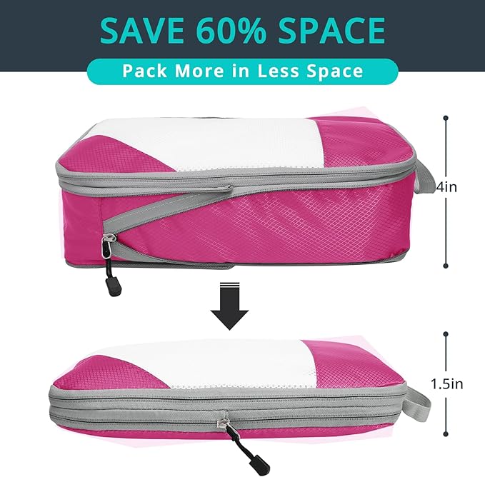 Compression Packing Cubes 6 Set, Compressible Space-Saving Packing Cubes for Travel - Compression Bags, Luggage Organizer, Travel Essentials for Women, Hot Pink
