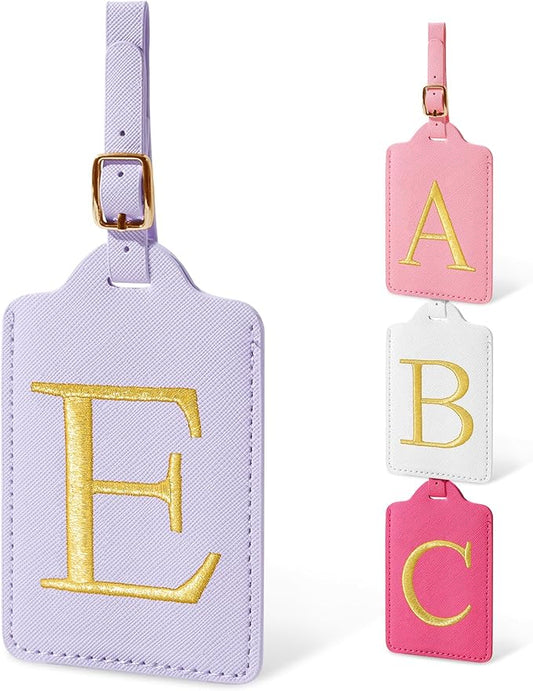 Initial Luggage Tags for Suitcases, Cute Embroidered Letter Luggage Bag Suitcase Identifier Name Baggage Tag, PU Leather Travel Luggage Tags, Bag Tags for Men Women Kids Luggage Handbags(Purple E)
