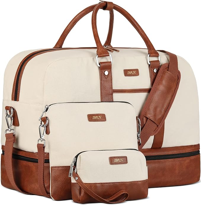 Weekender Bag for Women, Large Overnight Bag Canvas Travel Duffel Bag Carry On Tote with Shoe Compartment 21" 3Pcs Set
