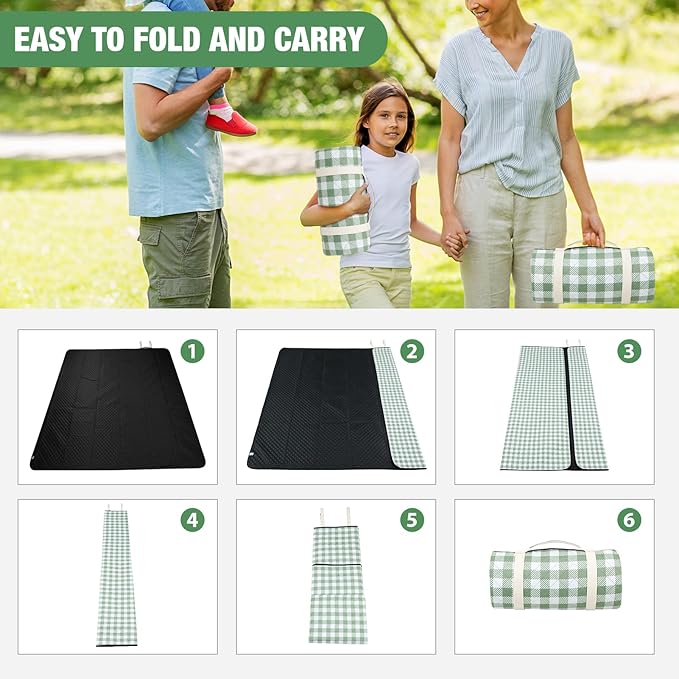 G GOOD GAIN Picnic Blankets Outdoor Extra Large - 80"x80" Portable Waterproof Picnic Blanket, Machine Washable 3-Layer Foldable Park Mat with Sandproof Backing for Grass, Hiking, Travel (Olive Green)