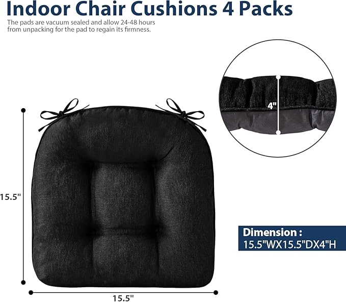 Chair Cushions for Dining Chairs, Seat Cushions for Kitchen Chairs, Indoor Seat Cushions with Ties, Tufted Foam Chair Pads, Non Slip Chair Cushions Set of 2, 15.5" x 15.5" x 4", Black