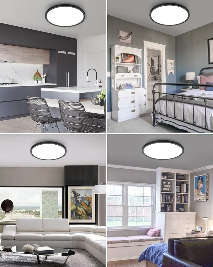 hepside 6PACK Flush Mount LED Ceiling Light Fixture Black, 12Inch 28Watt, Dimmable & 3000K-4500K-6000K Ceiling Lamp 3200LM Low Profile Ceiling Light for Kitchen Bedroom Hallway Porch