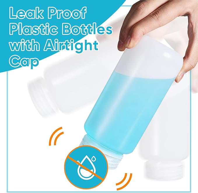 DEMORA 16 oz Plastic Bottles with Lids, Airtight Refillable Wide Mouth Travel Bottles for Toiletries, HDPE Food Grade Plastic Containers for Liquids Pill Water Sample Lab Reagent (Translucent, 2 Pcs)