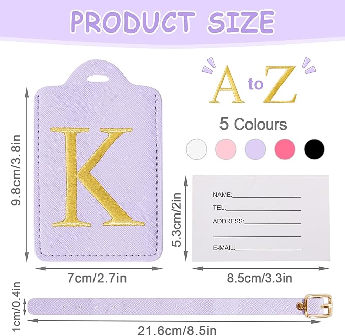 Personalized Initial Luggage Tags for Suitcases, Cute PU Leather Embroidered Letter Travel Luggage Tags, Suitcase Identifier Name Baggage Tag, Bag Tags for Men Women Kids Luggage Handbags(Purple K)