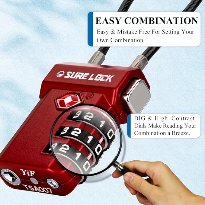 SURE LOCK TSA Approved Luggage Locks – 3-Digit Combination Cable Lock with Red Indicator, Large Dial & Easy-Press Button for Suitcases and Backpacks – Multi-Pack & Color Options