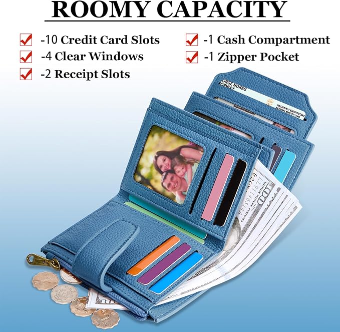 Airkit Small Wallet Women RFID Blocking Soft Leather Bifold Compact Card Holder Wallet for Women with Zipper Coin Pocket 4 ID Window
