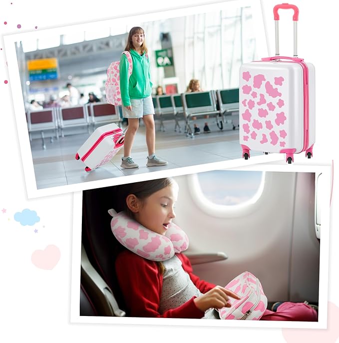 Redbaker 17 Inch 6 Pcs Kids Luggage Set Kids Rolling Luggage Double Pattern Suitcase for Boys Girls (Pink and White, Cow Point Style)