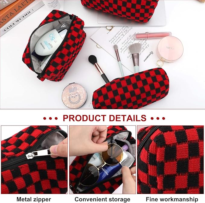 EIMMBD Makeup Bag 3 Pieces Large Capacity Checkered Cosmetic Bags Travel Toiletry Bag Organizer Cute Makeup Pouch Storage for Women(Red & Black)