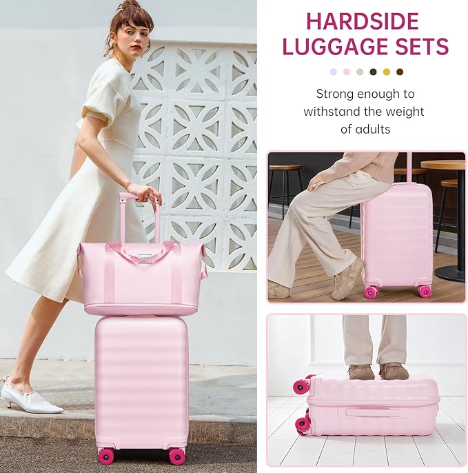 Luggage Sets 3 Piece, Carry On Luggage 22x14x9 Airline Approve PC Hardside Suitcase Set with Wheels TSA Lock, Durable Carry-On Suitcase with Duffel Bag for Women (Pink)