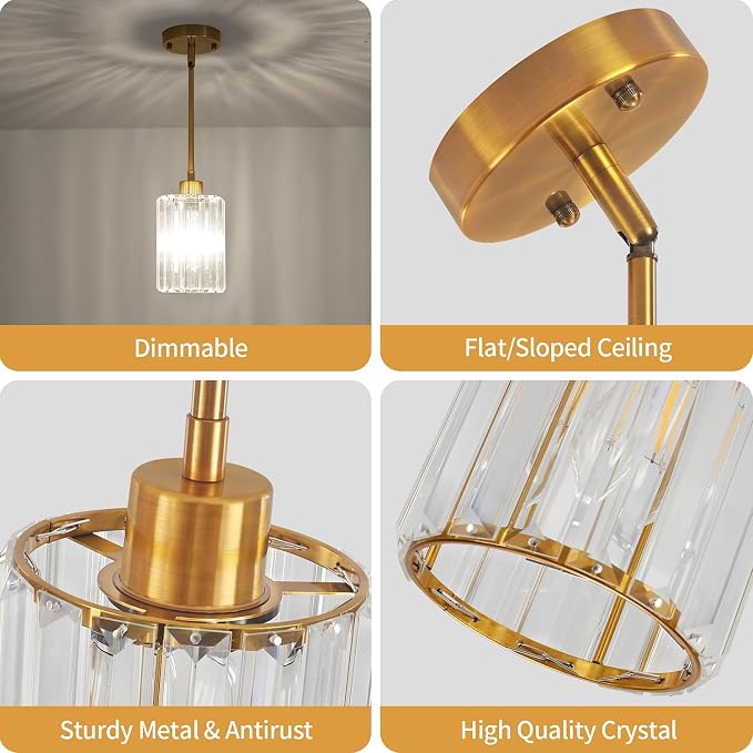 3 Pack Brushed Gold Pendant Lights Kitchen Island Crystal Mini Chandelier | Modern Kitchen Light Fixtures, Adjustable Height Hanging Pendant Lighting for Dining Room Bathroom Hallway Above Sink