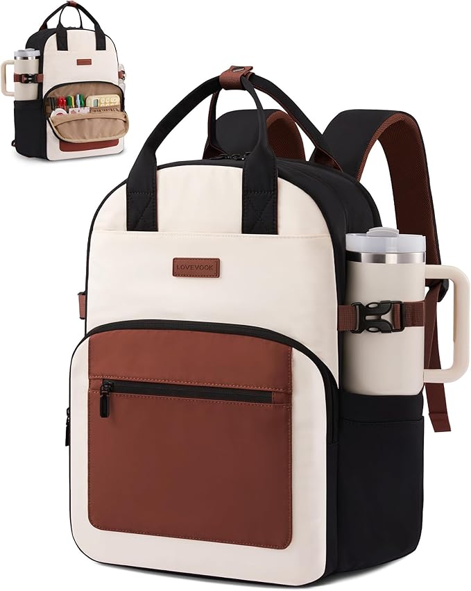 LOVEVOOK Laptop Backpack for Women - Stylish Work Backpack with Large Cup Holder, Waterproof College Teacher Backpack, Beige-Brown, 17Inch