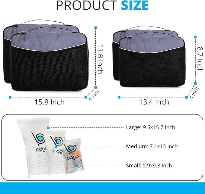 bago 7 Pcs Packing Cubes for Travel - 4 Travel Packing Cubes for Suitcases with 3 ZipLock Bags - Luggage Organizer Bags to Get Maximum Storage, Save Time & Effort to Pack (Gray)