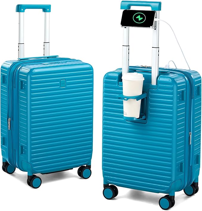 HanTrip Hard Shell Suitcases 20 Inch Carry on Luggage Airline Approved with Wheels, Expandable Travel Luggage with Cup Holder Charger Built in Lightweight Small Suitcase, Caribbean Blue