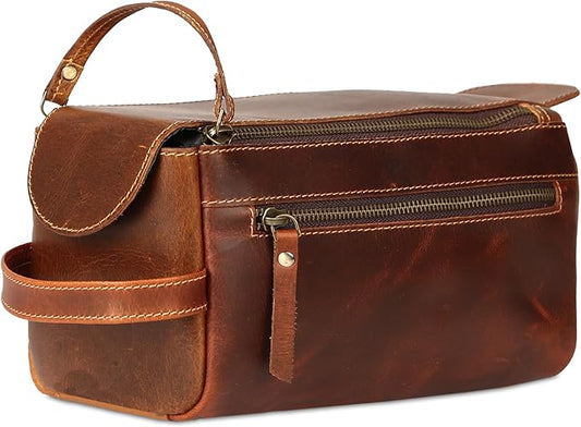 KomalC Premium Buffalo Leather Toiletry Bag for Men & Women With Water resistant Lining, Grooming Travel Pouch, Unisex Wash Bag for Toiletries, Gifts for Men and Women