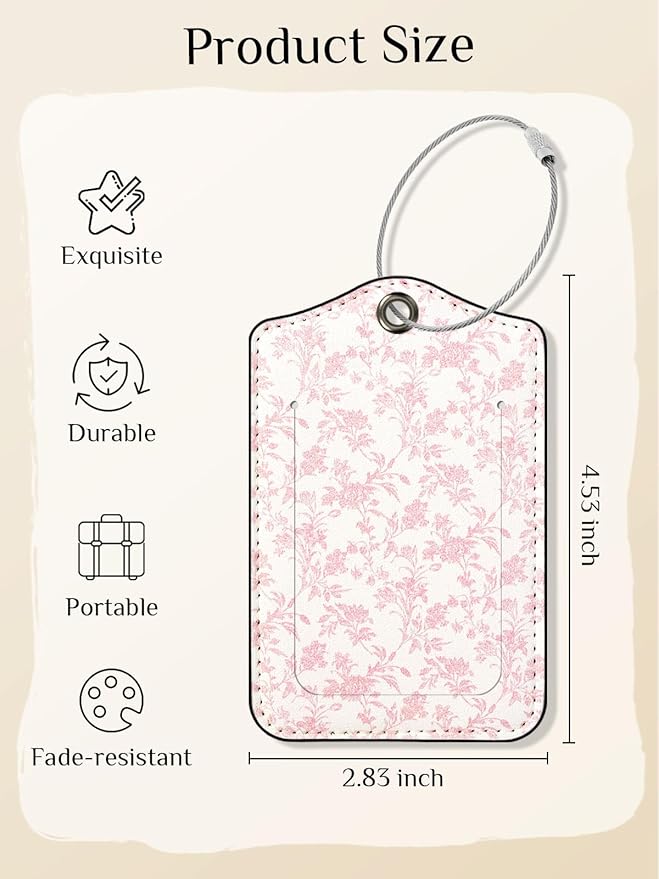Seorsok 2Pcs Luggage Travel Tags for Suitcases,Elegant Sage Pink Floral PU Leather Name Tag with Privacy Cover&ID Label Address Card and Durable Metal Ring Suitable for Men Women Handbags Backpack