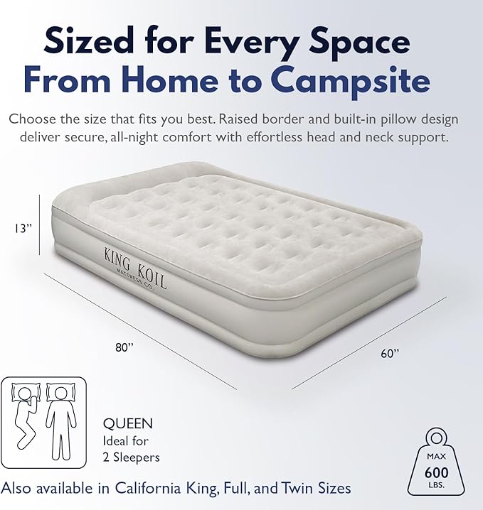 King Koil Luxury Queen Size Air Mattress with Built-in High-Speed Pump Best for Home, Camping, Guests, Queen Size Luxury Double Airbed Adjustable Blow Up Mattress, Waterproof, 1-Year Warranty