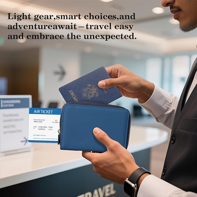 CoBak Passport Holder Cover with Safe Zipper Closure, Premium Passport Wallet for Travel, RFID Blocking Card Case, Waterproof Travel Accessories for Man, Grain Blue