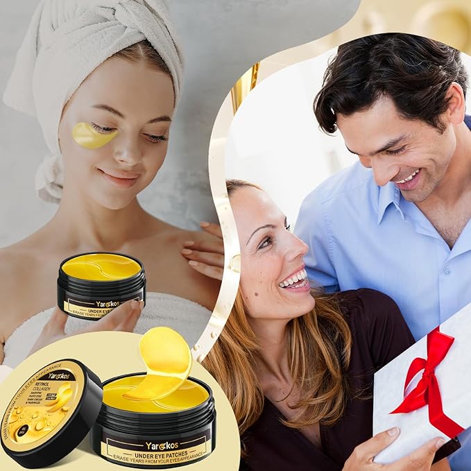 60 Pcs 24K Gold Under Eye Patches, 30 Pairs Undereye Mask for Puffy Eyes Dark Circles Treatment, Collagen Gel Pads Hydrating for Eye Bags Puffiness Wrinkle, Women Men Beauty Skin Care Products