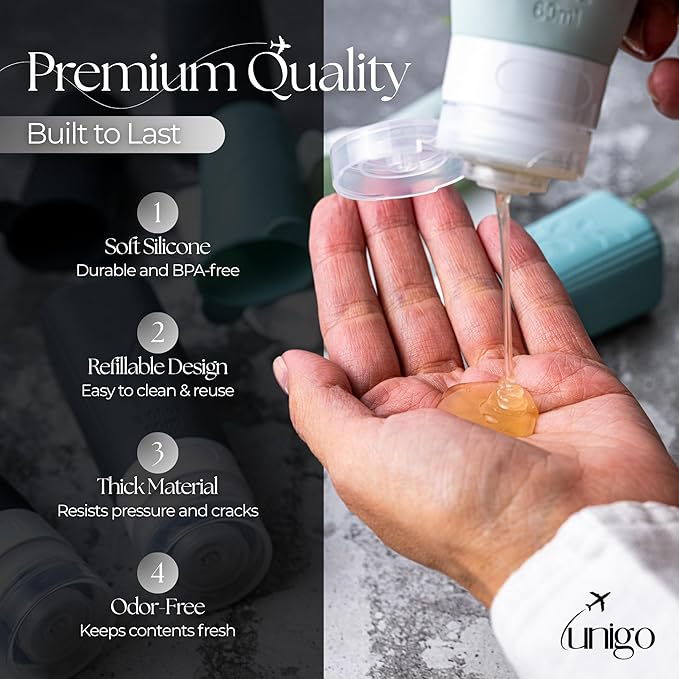unigo 30 PACK Travel Bottles Set for Toiletries - Leakproof Refillable Travel Size Containers, TSA Approved Bottles with Labels, Brush & Covers for Carry-On Travel