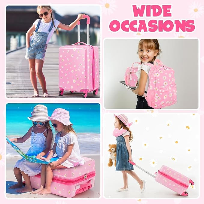 Redbaker 17 Inch 6 Pcs Kids Luggage Set Kids Rolling Luggage Double Pattern Suitcase for Boys Girls (Light Pink, Leopard Print Style)