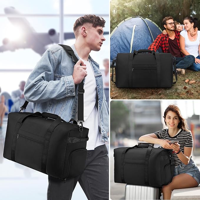 ETRONIK Carry On Luggage 22x14x9 Airline Approved, 45L Waterproof Gym Bag for Men Women, Lightweight Carry on Travel Duffel Bags with Shoe Compartment, Weekender Overnight Duffle Bag for Travel, Black