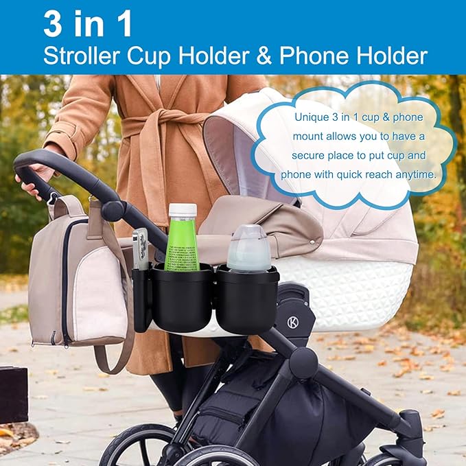 Accmor Stroller Cup Holder with Phone Holder, Bike Cup Holder, Universal Cup Holder for Uppababy Nuna Doona Strollers, 2-in-1 Cup Phone Holder for Stroller Bike Wheelchair Walker Accessory