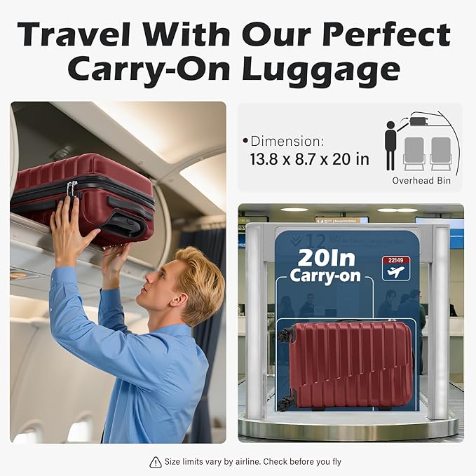 Coolife Carry On Luggage Airline Approved with Spinner Wheels, Hard Shell Suitcase TSA Lock Lightweight Travel Luggage 20-inch,Wine Red