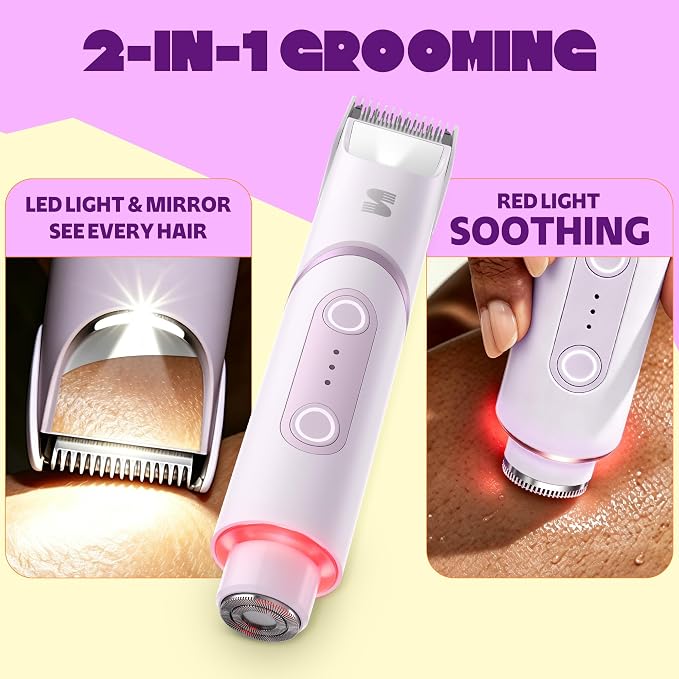 SpinDuo 2 in 1 Electric Bikini Trimmer for Women,180°Rotating Head | SpotGlide™ Ceramic Blade for Body, Leg & Bikini Areas,Light & Mirror, 3-Step Trim, Shave & Red Light,IPX7,USB-C