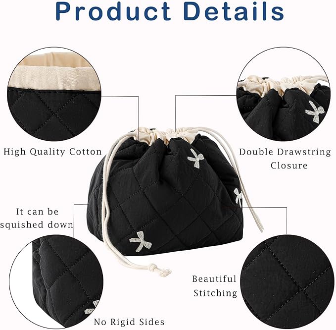 uekeboag Cotton Quilted Drawstring Makeup Bag with Canvas Lining,Coquette Aesthetic Cute Travel Toiletry Bag,Drawstring Gift Bag for Women and Girls（06Black Bows）